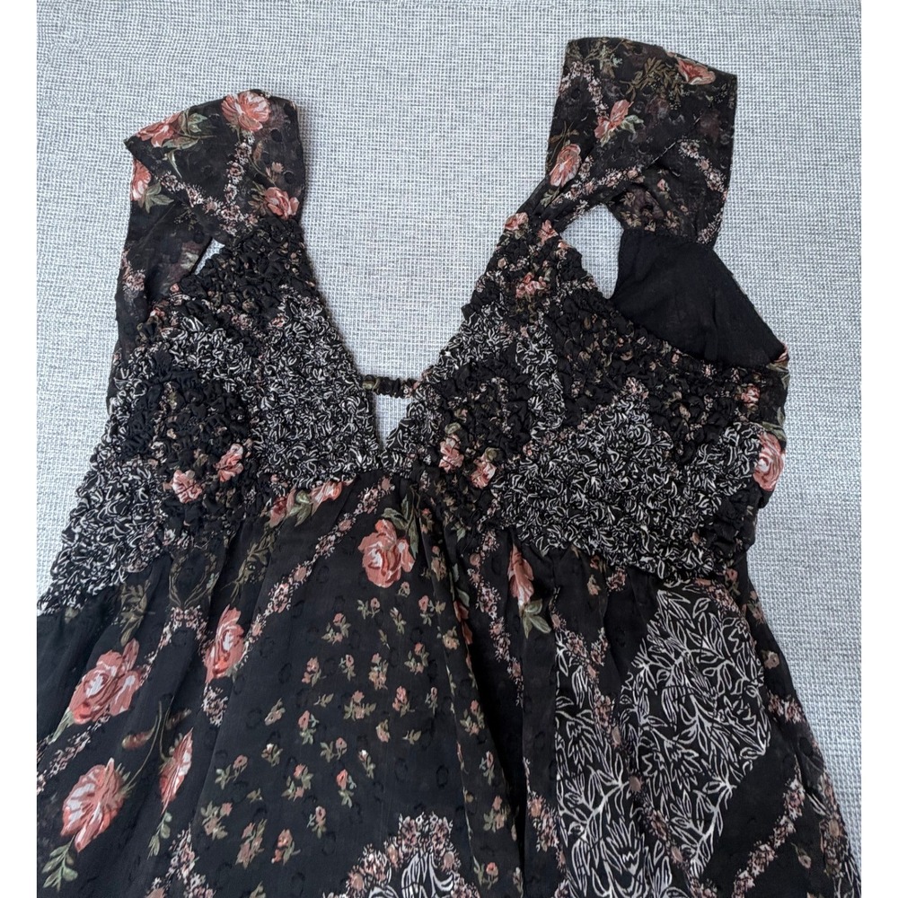 Angie Floral Patchwork High-Low Dress Black Pink Smocked V-Neck Bow Back Large - Picture 3 of 5